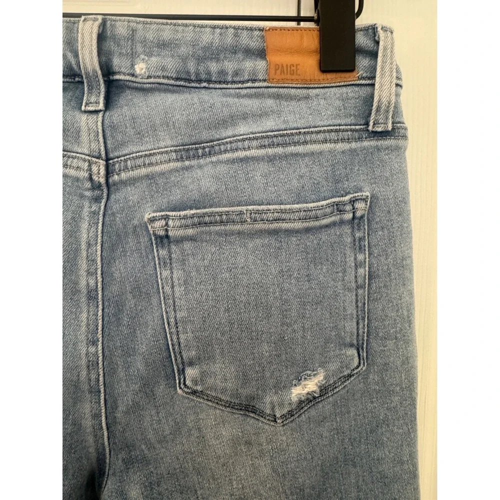 PAIGE Cindy High Rise Straight Leg Distressed Jeans Light Blue Raw Hem. Stretch.